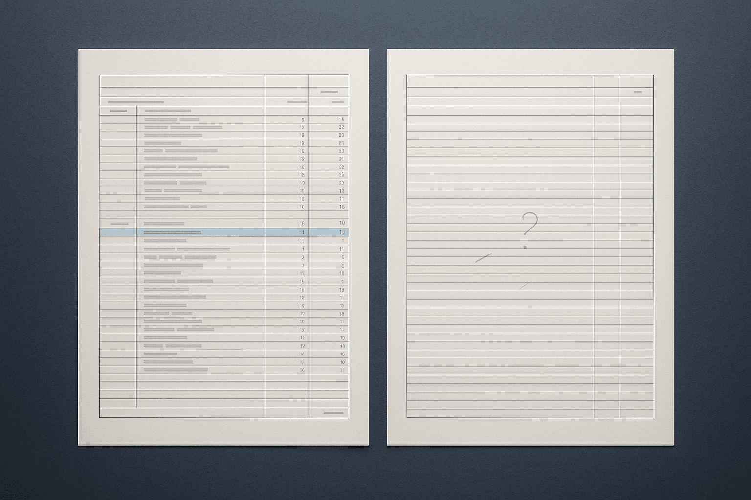 Two sheets side by side: a completed record of ruled rows and figures with one row highlighted, and an almost empty sheet carrying only a faint question mark