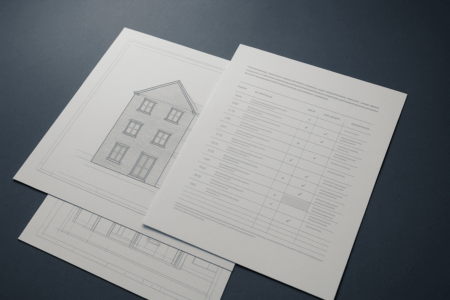A printed condition assessment table over elevation drawings, one row marked with a pale highlight band
