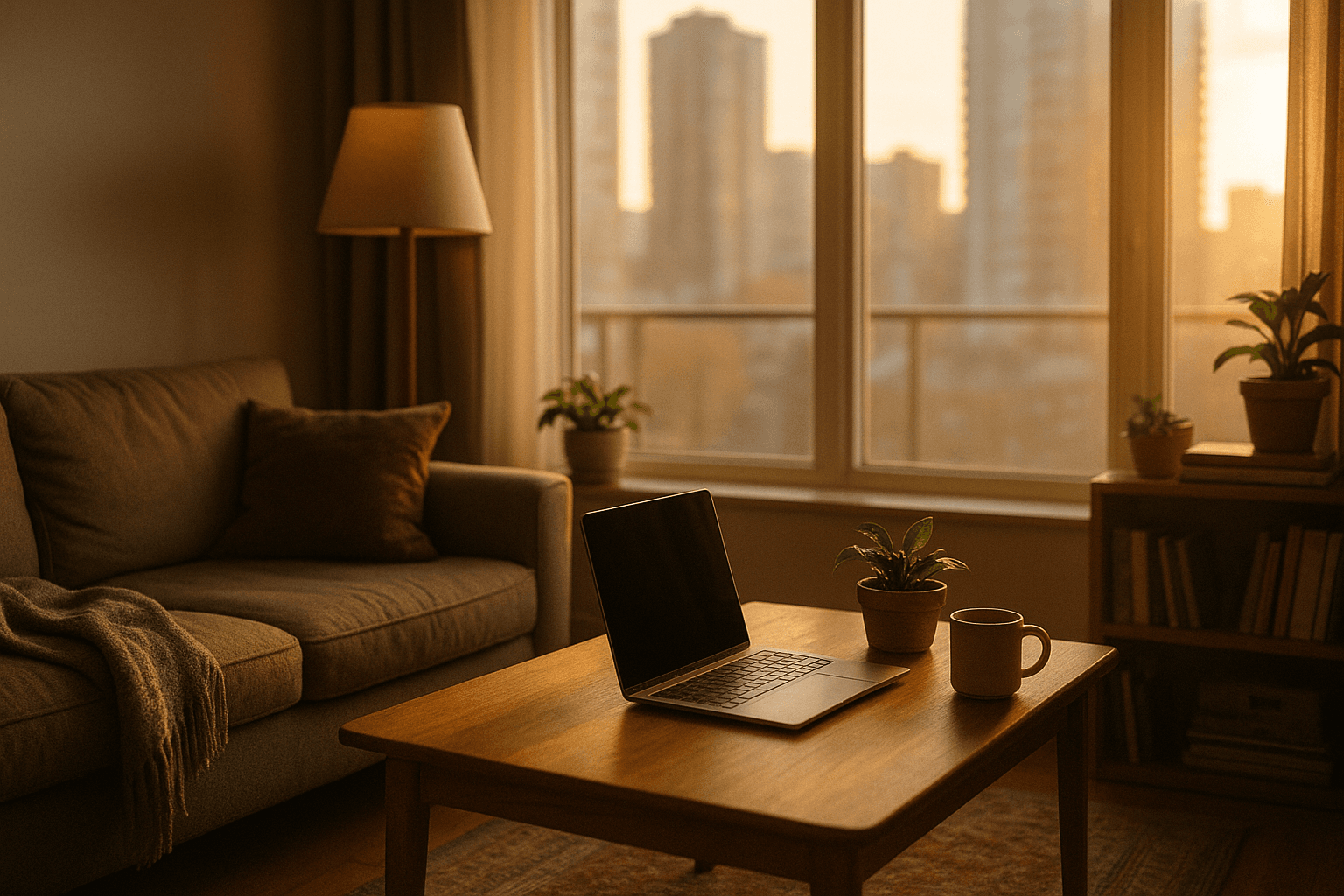 Cozy lived-in Canadian condo living room at golden hour with a laptop open on a wooden coffee table