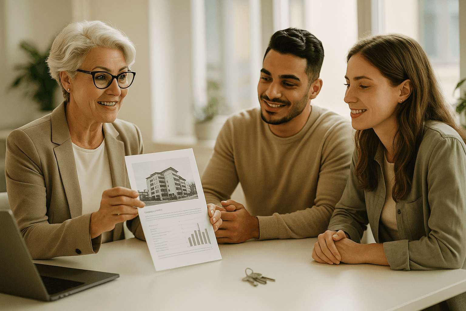 A real estate agent reviewing a printed strata report with an attentive couple at a table in a bright office