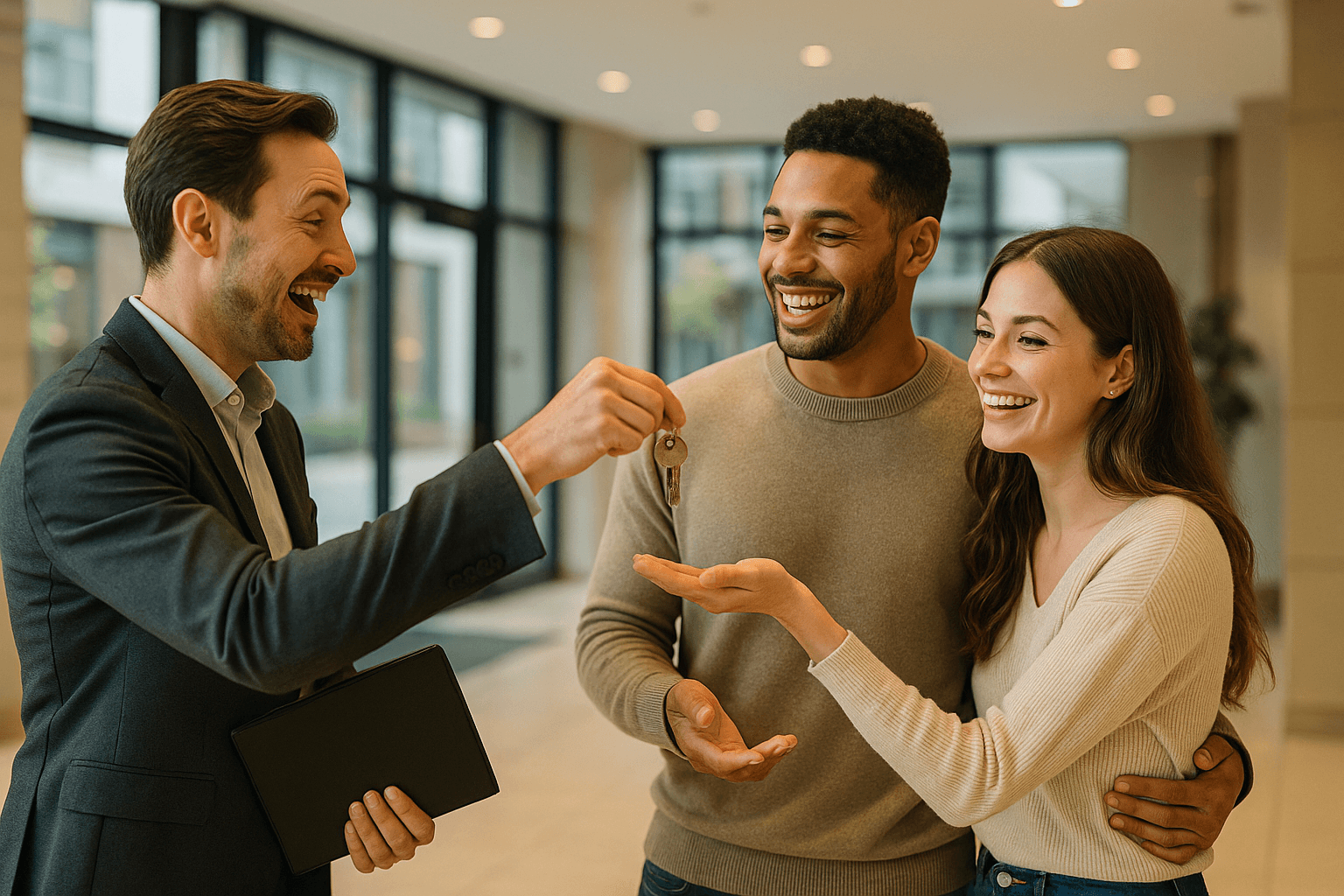 A real estate agent handing condo keys to a happy young couple in a modern building lobby