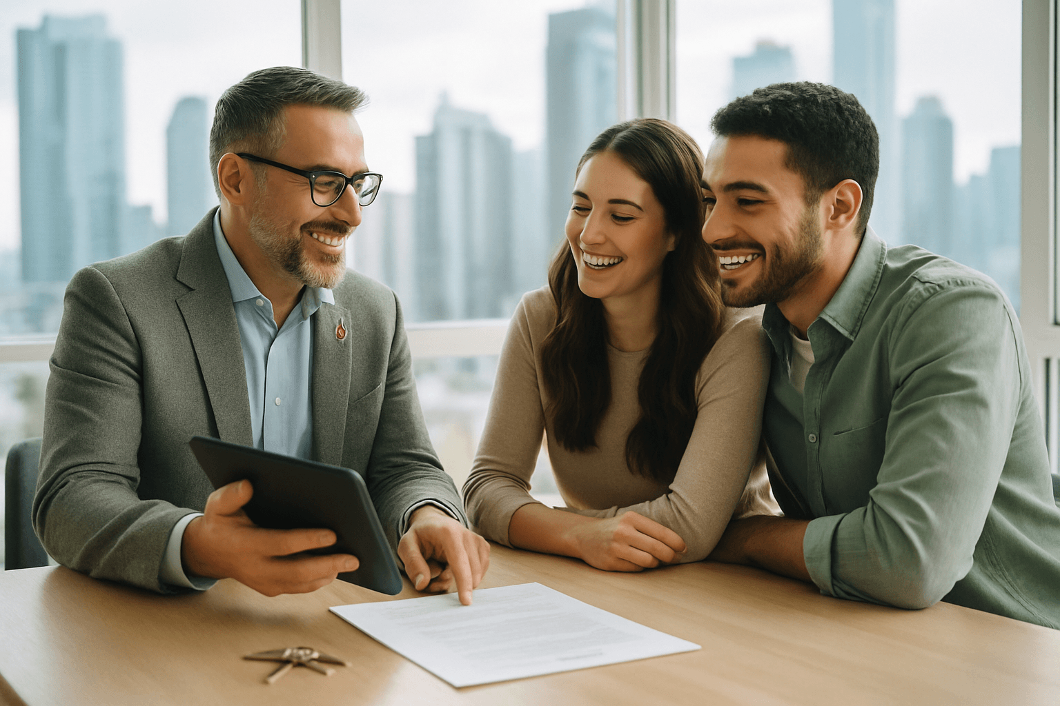 A friendly real estate agent showing a tablet to a happy young couple at a table in a bright modern condo, all engaged in conversation