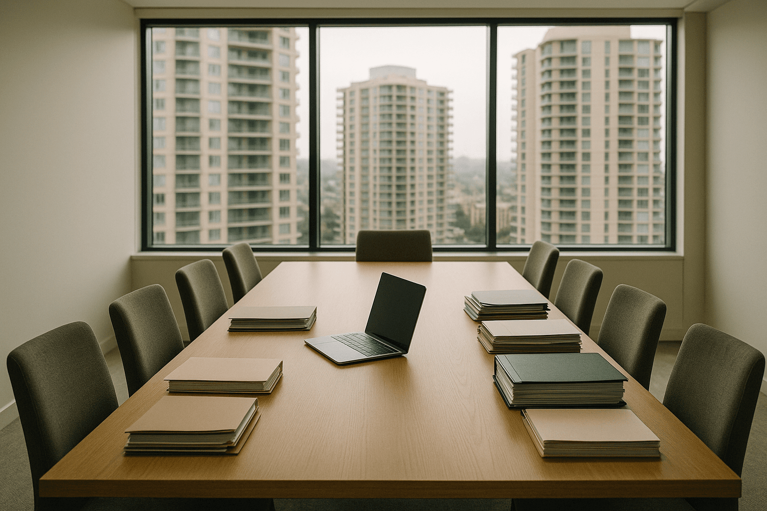 Modern condominium boardroom with a long table, stacked binders of documents, and a laptop, residential towers visible through the windows