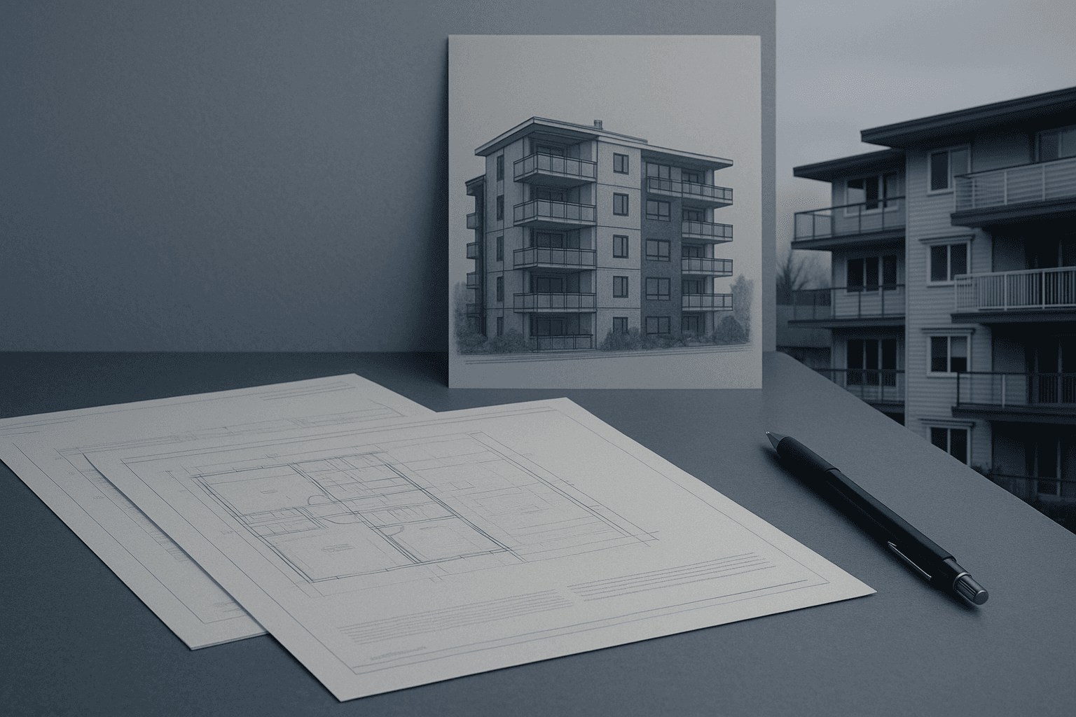 Elevation drawings on a desk in front of an ordinary mid-rise residential block under overcast light