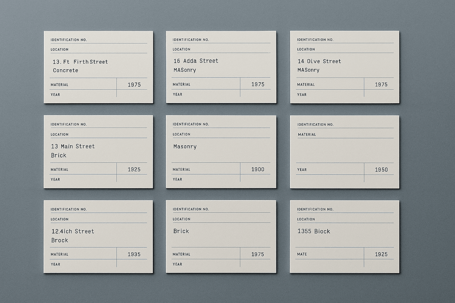 Typed register cards laid out in a grid, one field on one card deliberately left blank