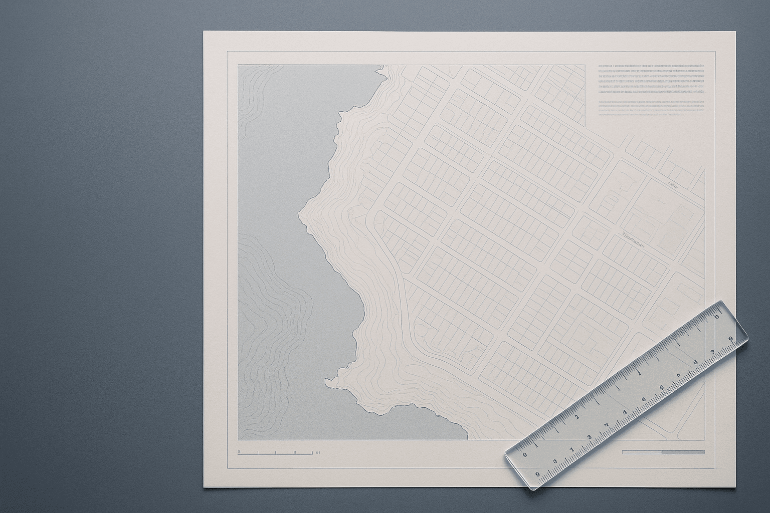 A printed cadastral survey map of a coastal city block, with contour lines, parcel outlines, a scale bar and a ruler resting across one corner
