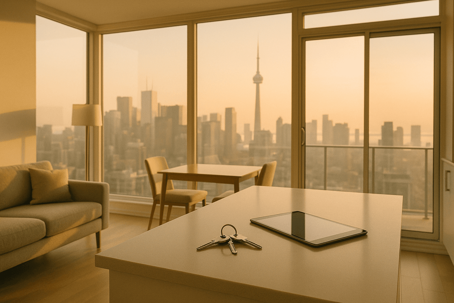 Bright modern Canadian condo interior with keys and a tablet on the kitchen island and a city skyline through the windows